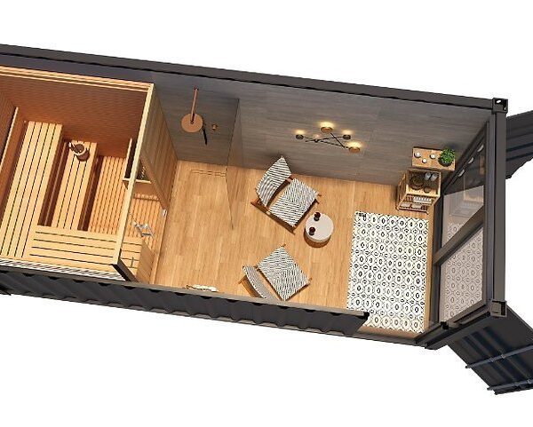Saunacontainer von 15 m² mit „schlüsselfertigem“ Ruhebereich